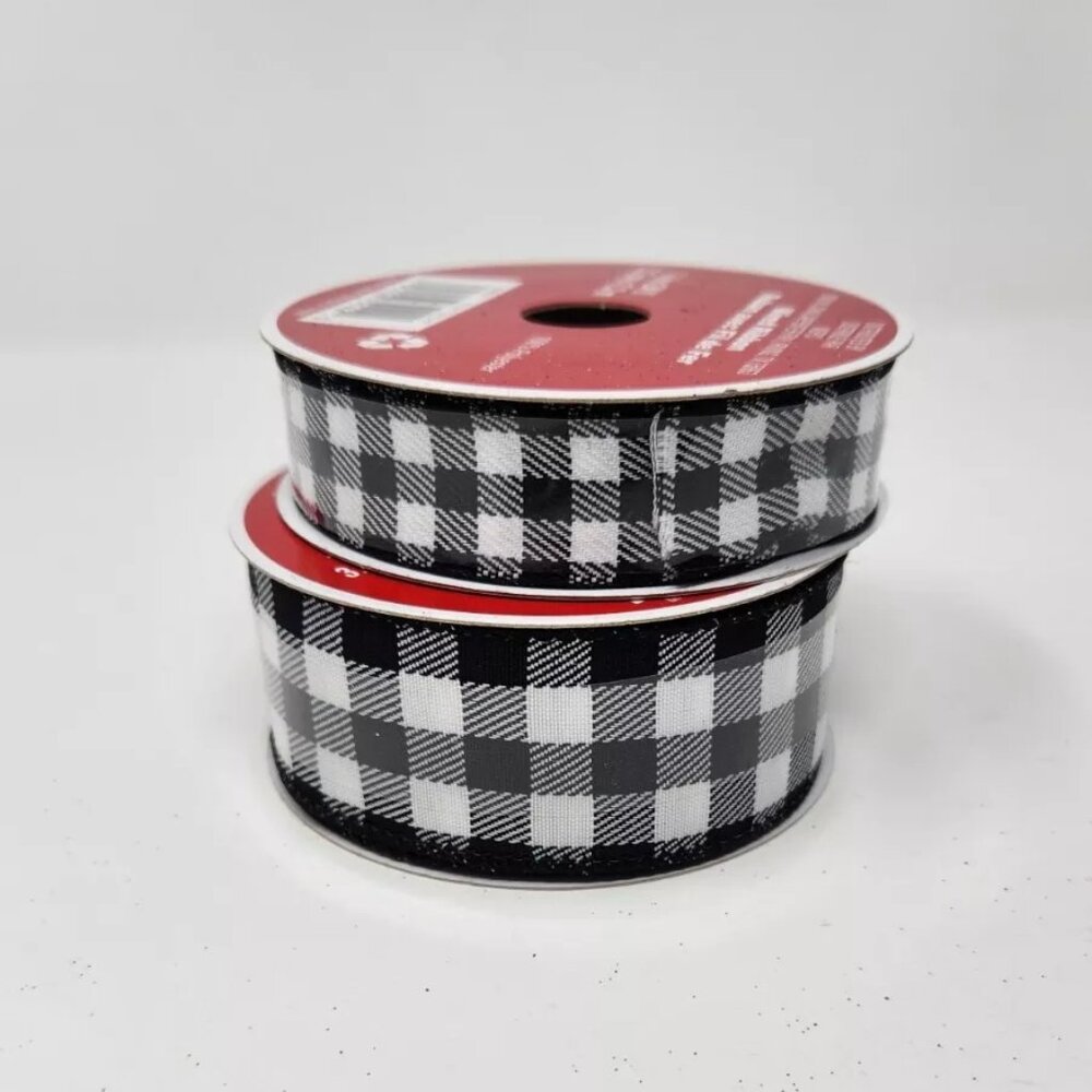 Celebrate It black white checkered wire ribbon 7/8" and 1.5" 2 sizes rolls